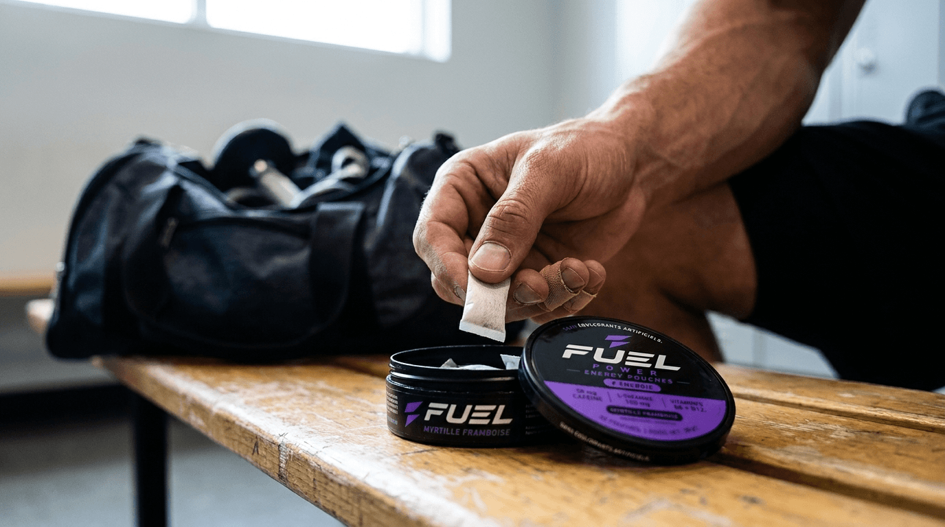 Pouch FUEL POWER posizionato su una panca da palestra