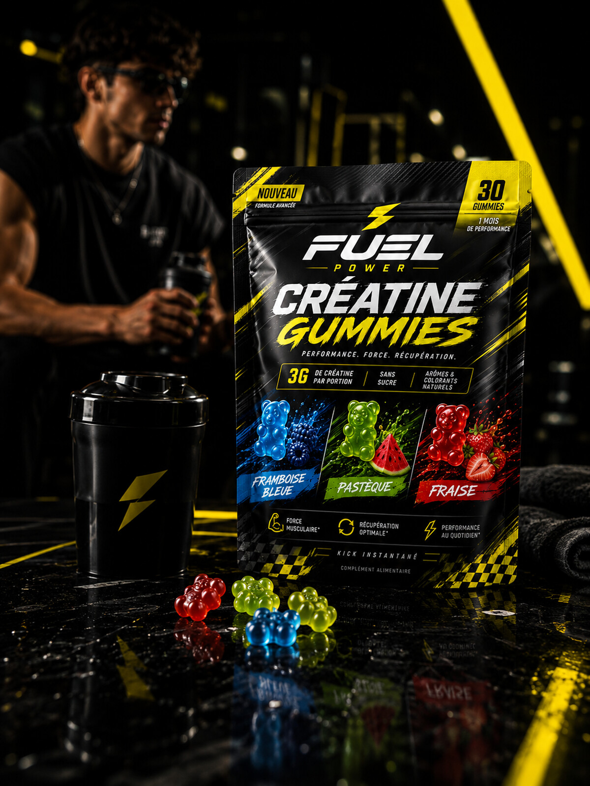 FUEL POWER Creatine Gummies pouch, fruit gummy bears in strawberry, watermelon and blue raspberry flavors