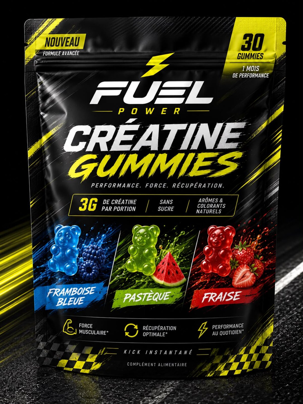 Sachet FUEL POWER Créatine Gummies, ours en gomme aux saveurs fraise, pastèque et framboise bleue